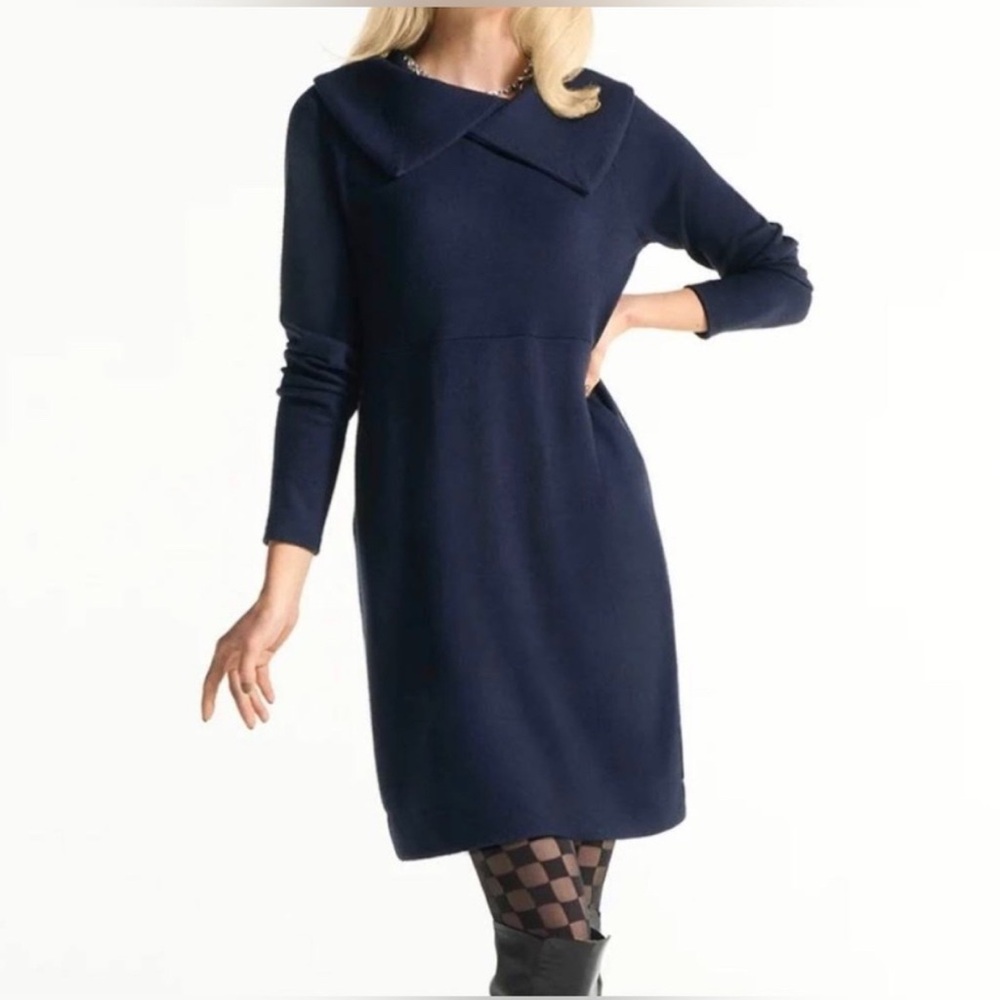 CAbi Blue Asymmetrical Sheath Dress with Cuffed Sleeves